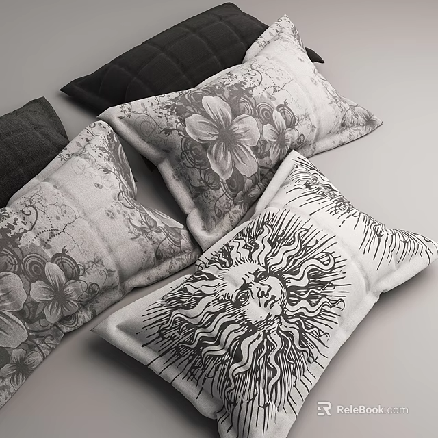 Decorative Throw Pillows With Floral Patterns And Lion Head Design In Black White 3d model 