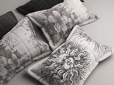 Decorative Throw Pillows With Floral Patterns And Lion Head Design In Black White 3d model