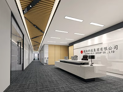 Modern Office Front Desk Reception Area With Spacious Interior And Company Logo Design 3d model