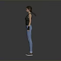 Woman in Black Tank Top and Blue Jeans Standing with Black Gloves Against Gray Background