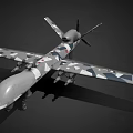 Fighter Jet with Gray and Blue Camouflage Wings Mounted Missiles and Propeller on Black Background