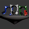 Colorful Electronic Headphones in Blue White Green with Black Earcups on Round Display Stand