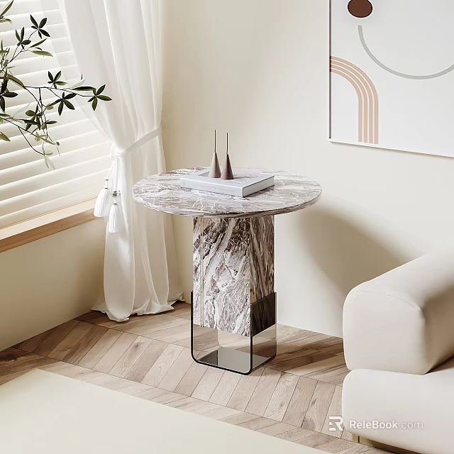Round Marble Top Side Table With Metal Frame In Living Room Near Sofa And Plant 3d model 