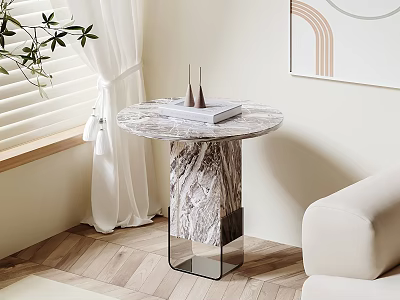 Round Marble Top Side Table With Metal Frame In Living Room Near Sofa And Plant 3d model
