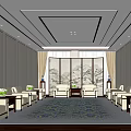 Spacious Hotel Public Lounge With Landscape Screen Beige Sofas And Decorative Carpet 3d model