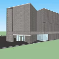 Modern Office Building with Glass Curtain Walls Gray Exterior and People at Entrance