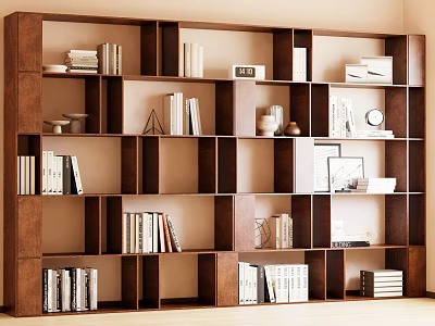 Modern Wooden Bookshelf with Open Shelves Books and Decorative Items in Contemporary Design 3d model