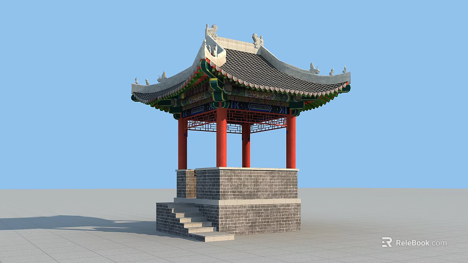 Traditional Chinese Pavilion Classic Architectural Design With Grey Tile Roof Red Pillars And Brick Stone Base 3d model 