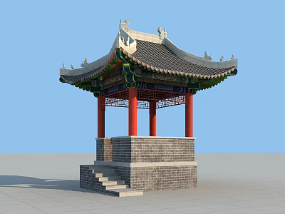 Traditional Chinese Pavilion Classic Architectural Design With Grey Tile Roof Red Pillars And Brick Stone Base 3d model