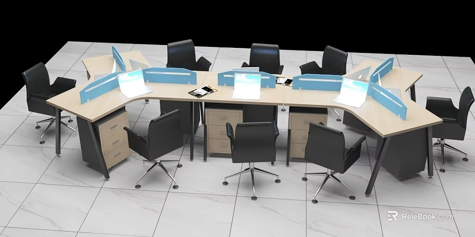 Modern Office Desk Workstation Setup With Light Wood Surfaces Blue Dividers Black Chairs Computer Monitors 3d model 