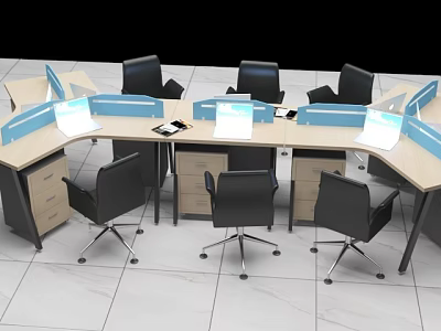 Modern Office Desk Workstation Setup With Light Wood Surfaces Blue Dividers Black Chairs Computer Monitors 3d model