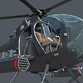 Black Helicopter with Transparent Cockpit Brown Seats and Red Mounted Equipment