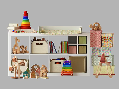 Cute Stuffed Dolls with Wooden Toys Rainbow Tower Colorful Boxes and Storage Shelf 3d model