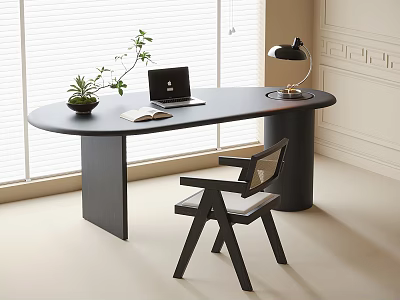 Dark Modern Desk by Window With Blinds Laptop Book Green Plant Table Lamp And Chair 3d model