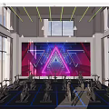Modern Fitness Gym Interior With Spin Bikes Neon Lights And Large Windows
