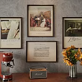 Abstract Paintings Display With Red Coffee Machine Vintage Radio And Sunflowers Vase