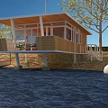 Wooden House with Large Windows and Veranda by Water with Moored Boat Near Trees