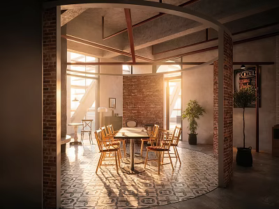 Warm Café Space With Circular Archway Brick Walls Sunlight Wooden Tables And Geometric Tiles 3d model