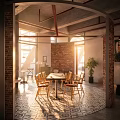 Warm Café Space With Circular Archway Brick Walls Sunlight Wooden Tables And Geometric Tiles