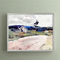Vibrant Landscape Painting Featuring Rocks Grass Trees Distant Sea And Sky
