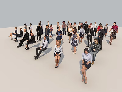 Group of people in formal and casual attire standing and sitting on light background 3d model