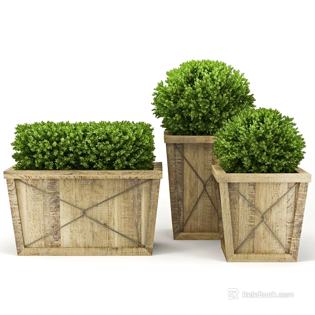 Decorative Green Round Bonsai Potted Plants in Wooden Planters with Cross Design 3d model 