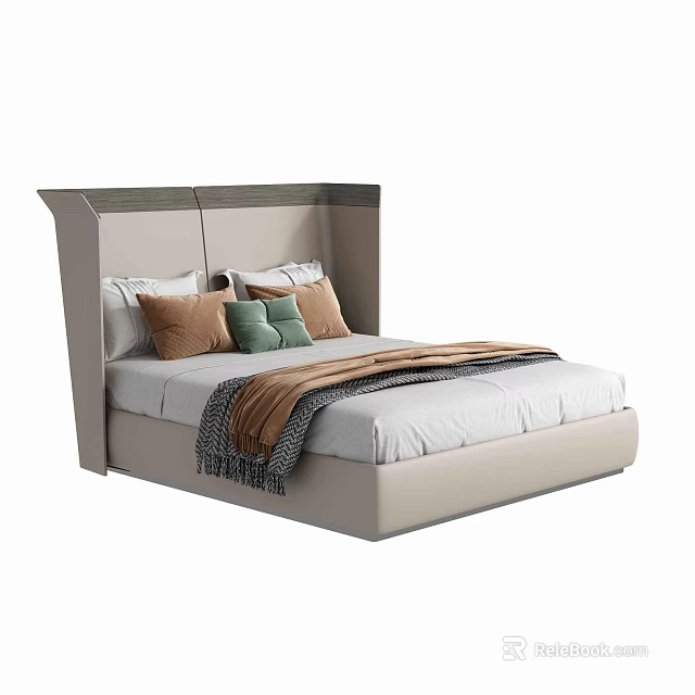 Modern Upholstered Double Bed With Neutral Headboard White Sheets Multiple Pillows And Throw Blanket 3d model
