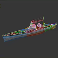 Blue Warship Model As Water Vehicle With Red And White Striped Hull
