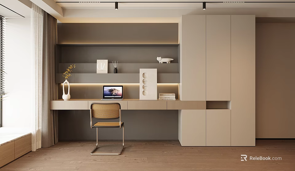 Elegant Minimalist Modern Desk Design With Leather Chair And Wooden Storage Cabinets 3d model 