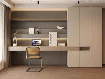 Elegant Minimalist Modern Desk Design With Leather Chair And Wooden Storage Cabinets 3d model