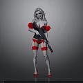 Sexy woman in red black lingerie holding black rifle with red high heels