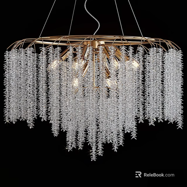 Luxurious Modern Chandelier With Gold Frame And Hanging Transparent Crystal Strands 3d model 