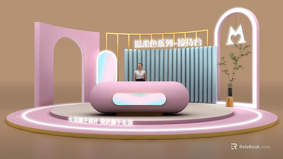 Soft Color Series Reception Desk Interior With Curved Design Pastel Pink Blue And Decorative Elements 3d model 