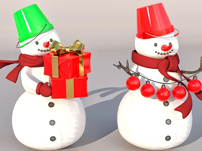 Carved Snowman Sculptures Featuring Green Red Hats Red Scarves Gift Box and Red Balls 3d model