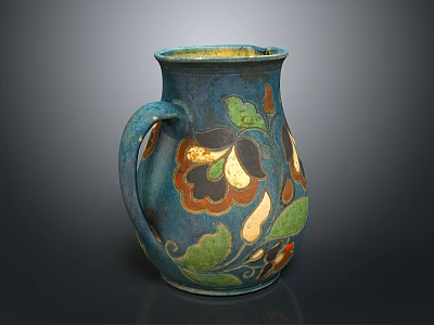 Elegant Blue Ceramic Pitcher With Floral Patterns On Wooden Cabinet Furniture 3d model