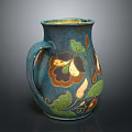 Elegant Blue Ceramic Pitcher With Floral Patterns On Wooden Cabinet Furniture