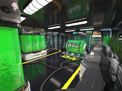 Modern Laboratory Interior Design With Green Transparent Containers Machinery And Yellow Lined Floor 3d model