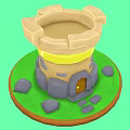 Cartoon Castle Tower with Yellow Band Gray Stone Base Brown Wooden Door and Green Grass 3d model