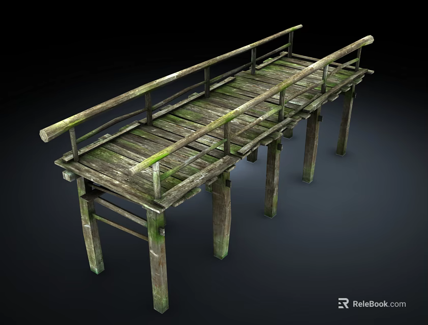 Old Wooden Bridge With Moss Covered Railings And Support Posts 3d model 