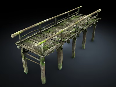 Old Wooden Bridge With Moss Covered Railings And Support Posts 3d model