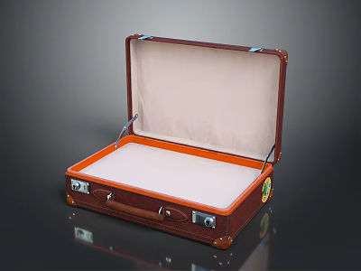 Open Brown Leather Suitcase With White Interior Orange Trim And Metal Locks 3d model