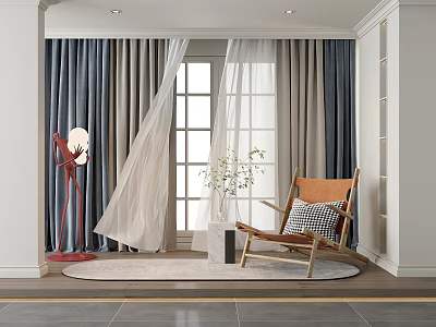 Modern Living Room Blue Grey Curtains with Sheer White Panels Round Rug Wooden Chair Plant 3d model