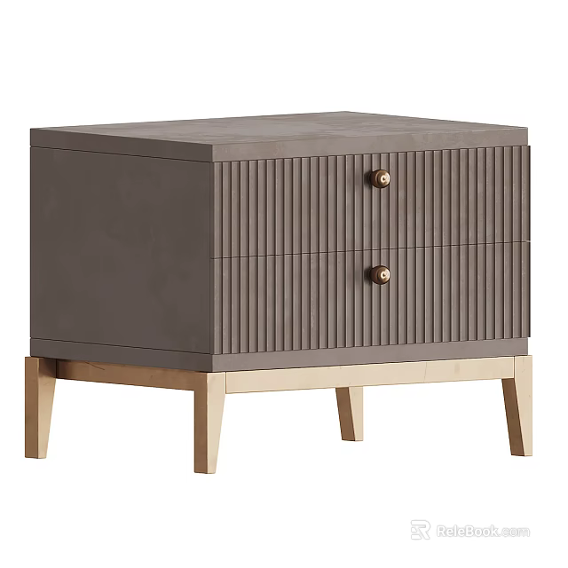 Modern Gray Bedside Table With Vertical Slats Golden Knobs And Wooden Legs 3d model