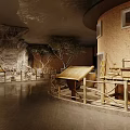 Cave Exhibition Hall Interior Featuring Wooden Display Cabinets Rock Walls And Tree Decorations