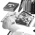 Stylish Ornamental Decor Collection With Open Notebooks Skateboard White Hat Books And Phone