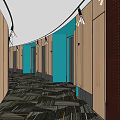 Curved Corridor Interior With Wooden Walls Recessed Lighting And Patterned Carpet