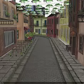 Colorful Buildings Lined Street With Hanging Green Umbrellas Stone Paved Path And Outdoor Tables Chairs