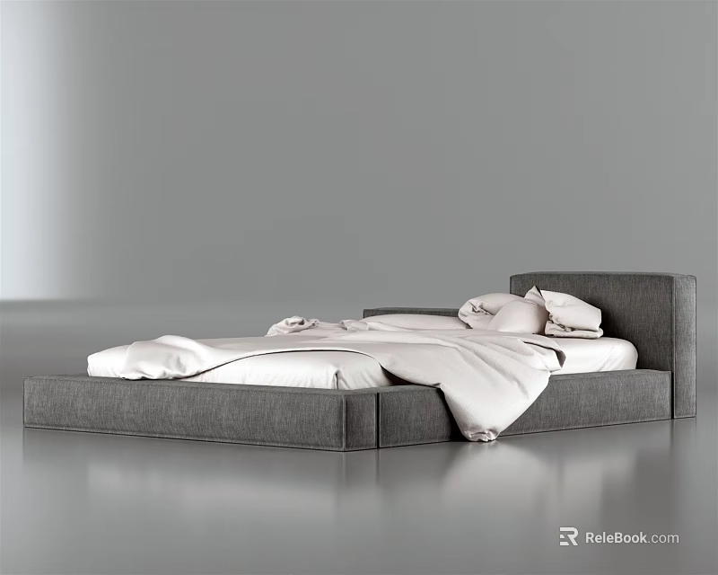 Modern Minimalist Double Bed With Gray Upholstered Frame And White Linens 3d model
