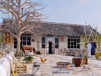 Traditional Rural House With Tiled Roof Horse Chicken Bicycle And Clothesline 3d model