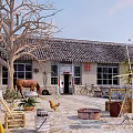 Traditional Rural House With Tiled Roof Horse Chicken Bicycle And Clothesline